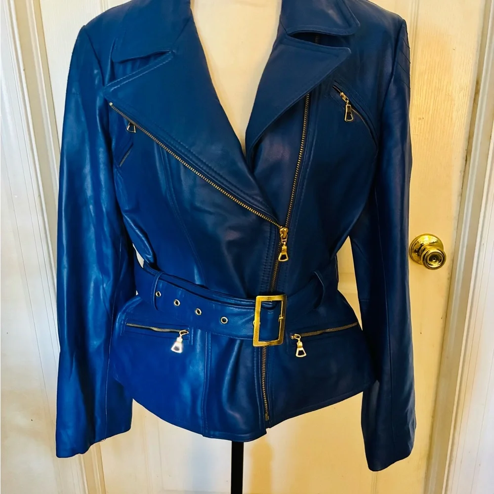 Miss Tina Women's Cobalt Blue buttery  soft Leather Jacket - Picture 2 of 6